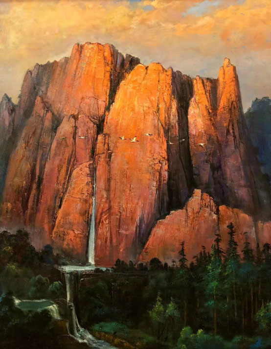 《黄山之晨》朱曜奎,布面油画, 50x150cm, 002年